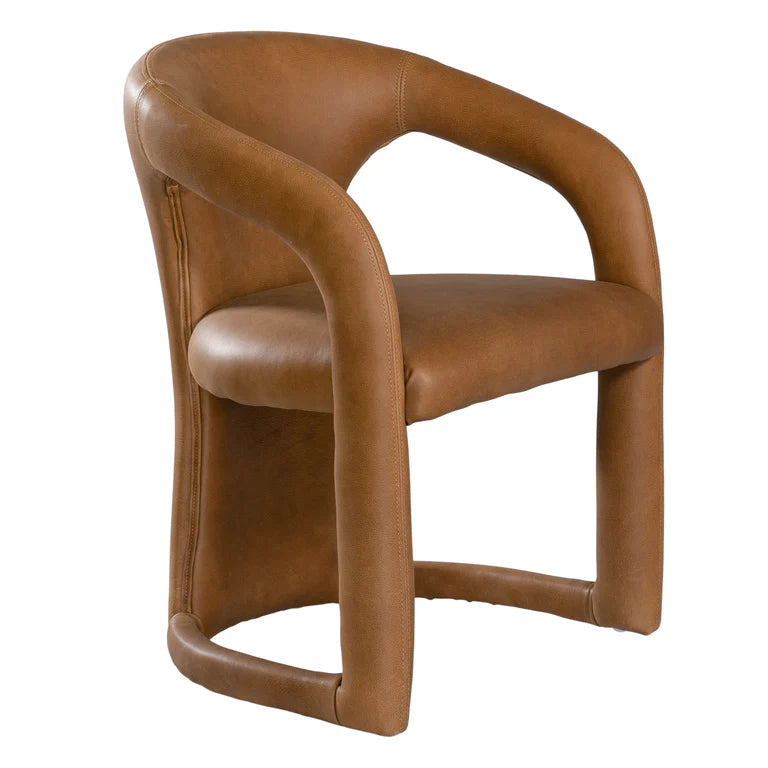 Fikile Dining Chair – contemporary chair with swooping open back, upholstered leather seat, and rounded silhouette, blending vintage style with modern elegance for dining or accent use. Front angle