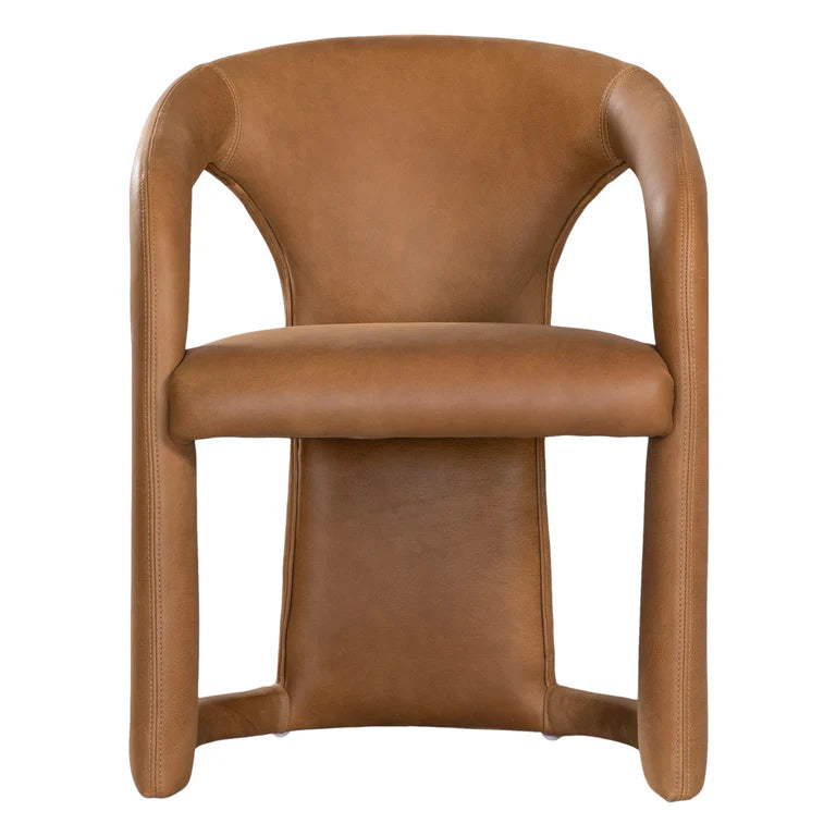 Fikile Dining Chair – contemporary chair with swooping open back, upholstered leather seat, and rounded silhouette, blending vintage style with modern elegance for dining or accent use. Front facing perspective