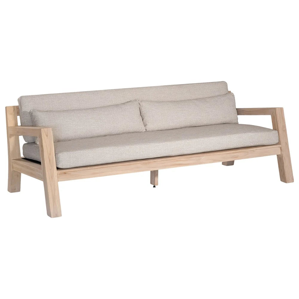 Harper Three Seater Outdoor Sofa by Uniqwa Collections, featuring clean-lined design in reclaimed aged teak with UV-protected, water and mould-resistant cushions—modern and durable outdoor seating. Front angle perspective.
