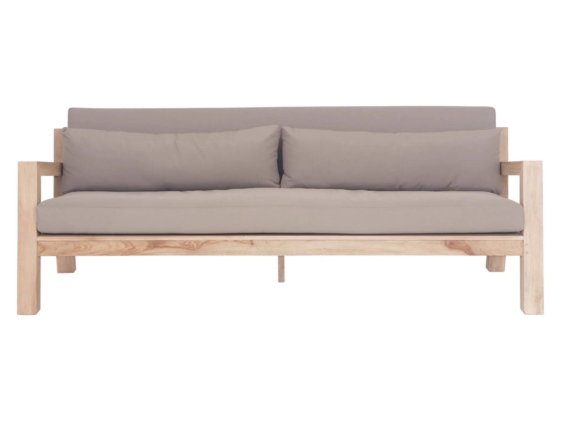 Harper Three Seater Outdoor Sofa by Uniqwa Collections, featuring clean-lined design in reclaimed aged teak with UV-protected, water and mould-resistant cushions—modern and durable outdoor seating. Front perspective.