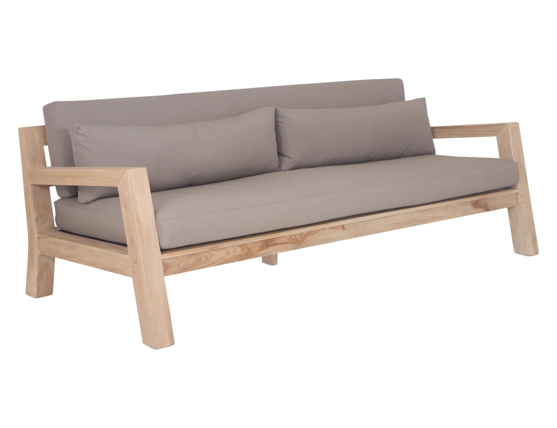 Harper Three Seater Outdoor Sofa by Uniqwa Collections, featuring clean-lined design in reclaimed aged teak with UV-protected, water and mould-resistant cushions—modern and durable outdoor seating. Front angle perspective.