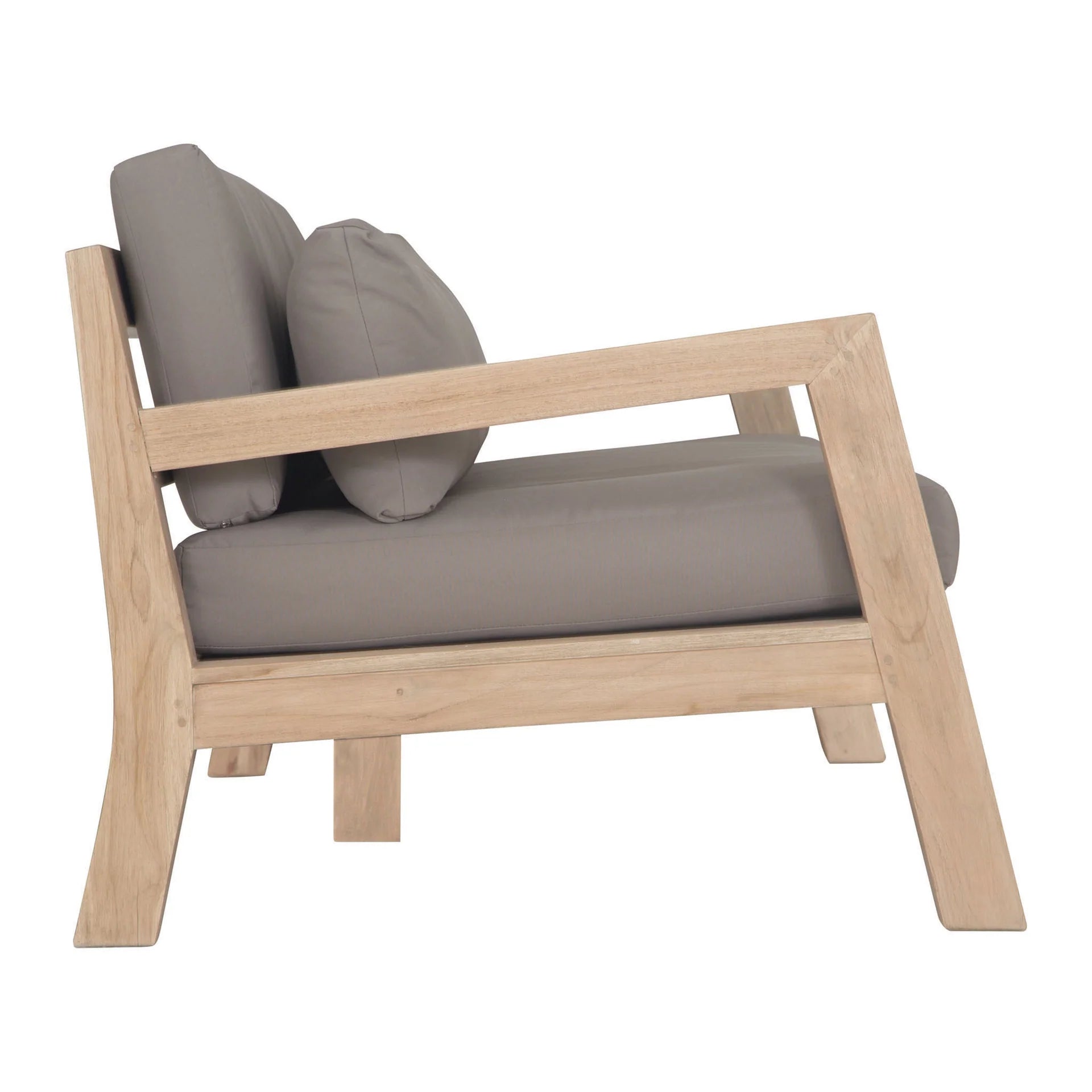 Harper Three Seater Outdoor Sofa by Uniqwa Collections, featuring clean-lined design in reclaimed aged teak with UV-protected, water and mould-resistant cushions—modern and durable outdoor seating. Side perspective.