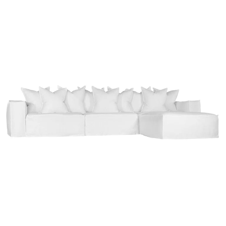 Uniqwa Hendrix modular sofa with ottoman, with feather cushioning and removable slipcover, timber frame modern coastal sofa with scatter cushions, available in multiple colours. 2