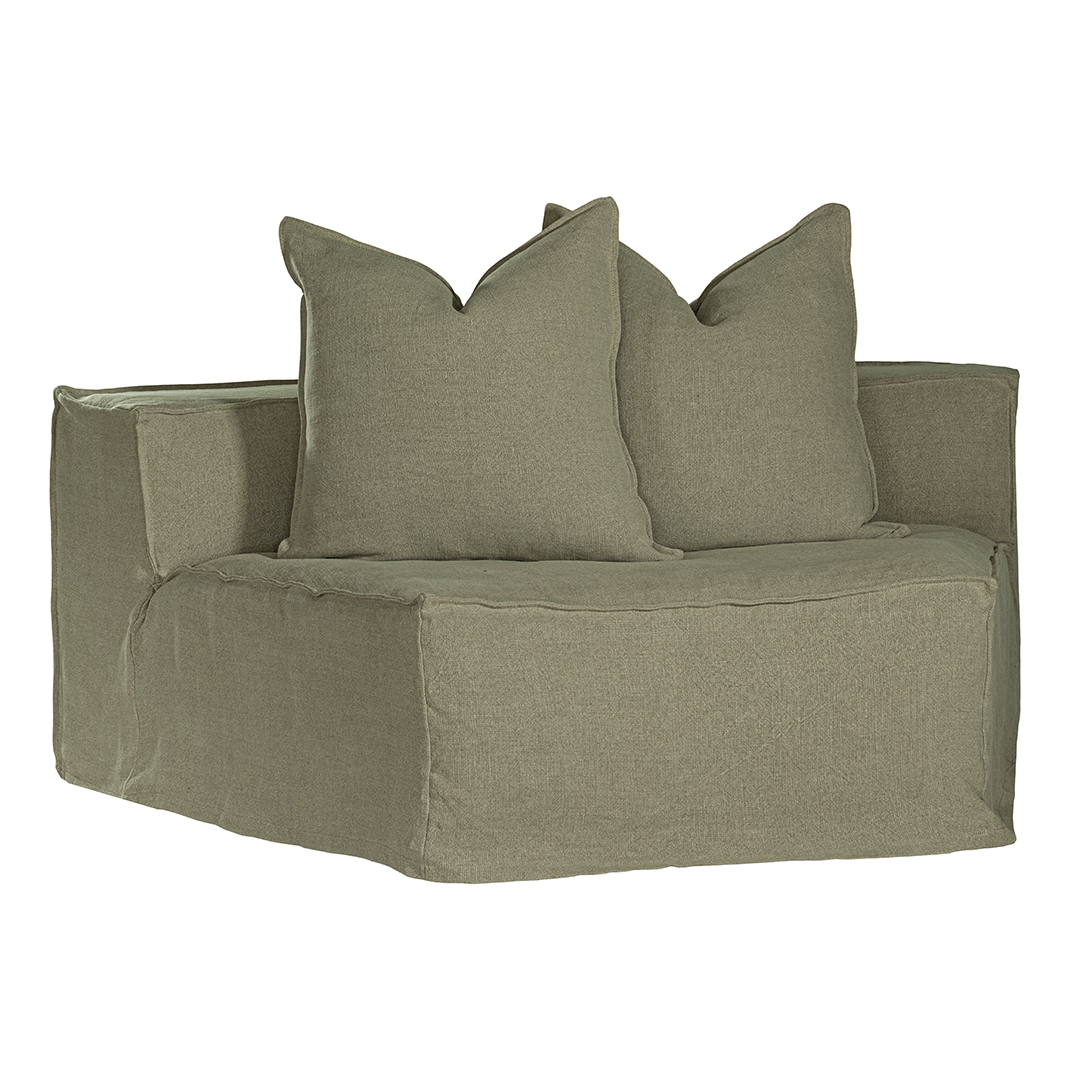 Hendrix Modular Sofa Curve Module by Uniqwa Collections in Bay Leaf, with two scatter cushions