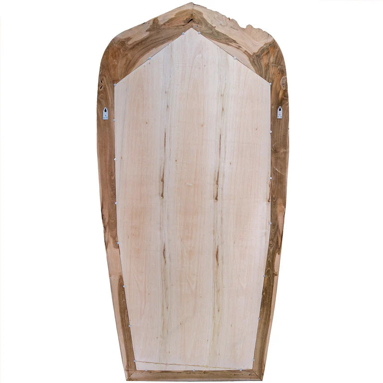 Karoo Mirror by Uniqwa Collections, handcrafted from rare antique Indonesian teak ploughs, showcasing unique shapes and rich cultural heritage. Back perspective.