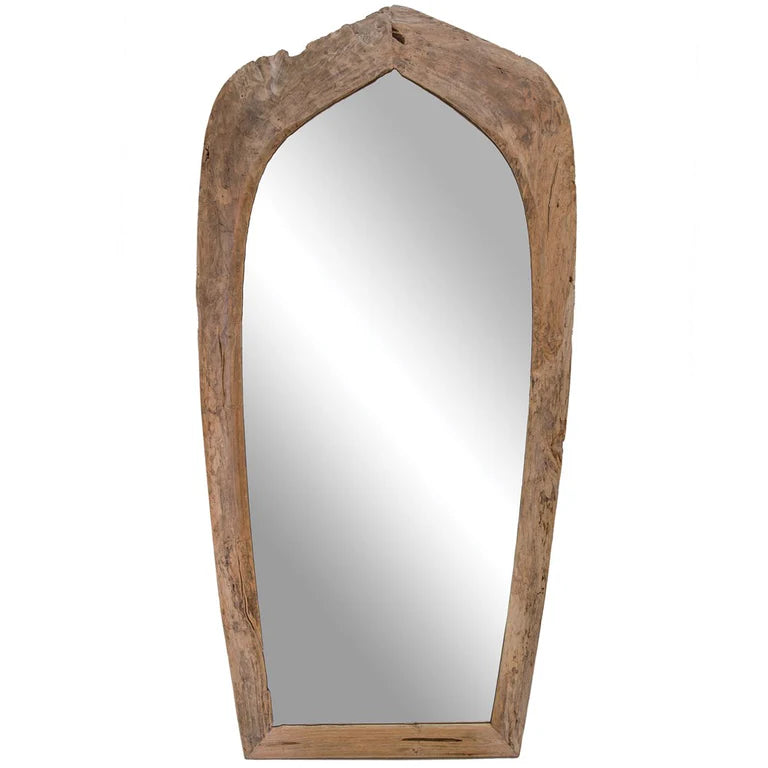 Karoo Mirror by Uniqwa Collections, handcrafted from rare antique Indonesian teak ploughs, showcasing unique shapes and rich cultural heritage.