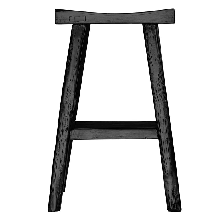 Handmade reclaimed elm wood barstool in a painted black finish, featuring natural variations for a unique coastal or villa style. By Uniwqa Collections, sold by Magnolia Lane Australia wide delivery. Front perspective.