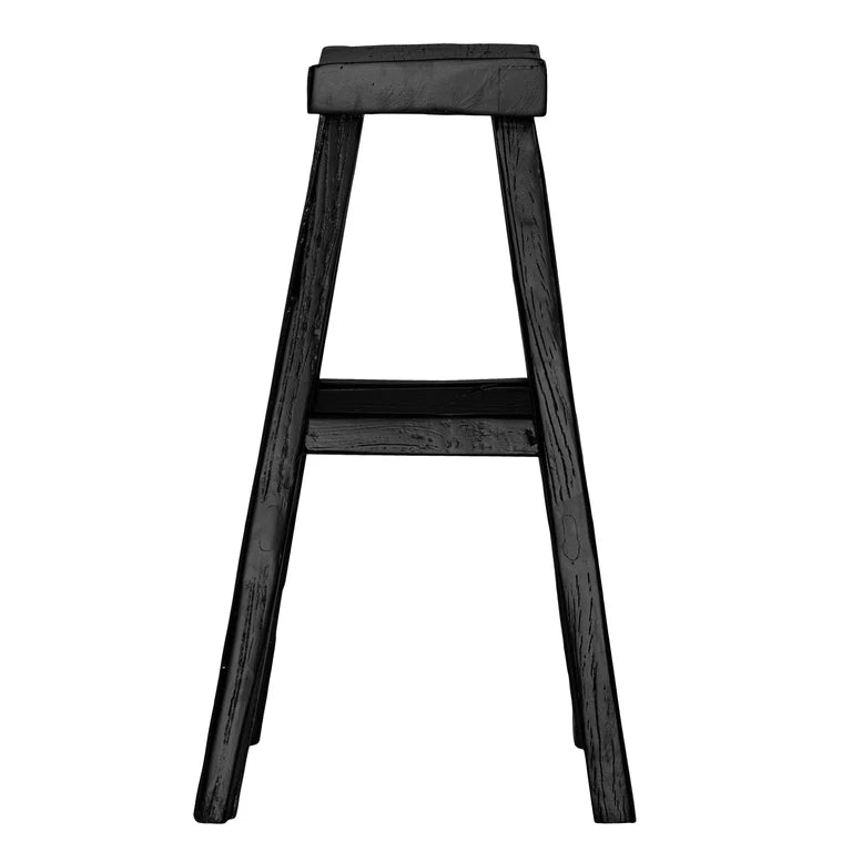 Handmade reclaimed elm wood barstool in a painted black finish, featuring natural variations for a unique coastal or villa style. By Uniwqa Collections, sold by Magnolia Lane Australia wide delivery. Side perspective.