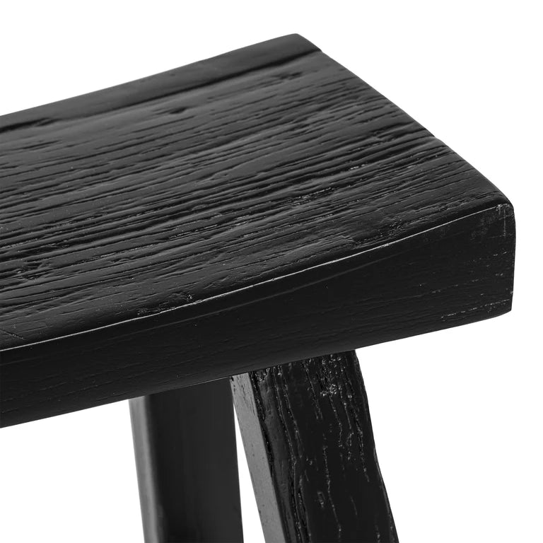 Handmade reclaimed elm wood barstool in a painted black finish, featuring natural variations for a unique coastal or villa style. By Uniwqa Collections, sold by Magnolia Lane Australia wide delivery. Seat Detail.