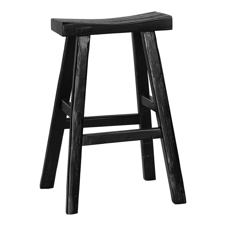 Handmade reclaimed elm wood barstool in a painted black finish, featuring natural variations for a unique coastal or villa style. By Uniwqa Collections, sold by Magnolia Lane Australia wide delivery.