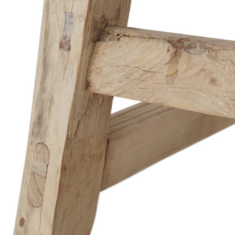 Handmade reclaimed elm wood barstool with bleached finish, featuring natural variations for a unique coastal or villa style. By Uniwqa Collections, sold by Magnolia Lane Australia wide delivery. Leg detail.