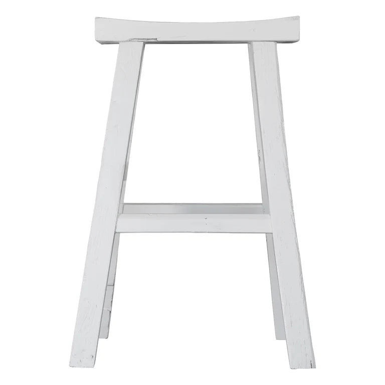 Handmade reclaimed elm wood barstool in a painted white finish, featuring natural variations for a unique coastal or villa style. By Uniwqa Collections, sold by Magnolia Lane Australia wide delivery. Front perspective.