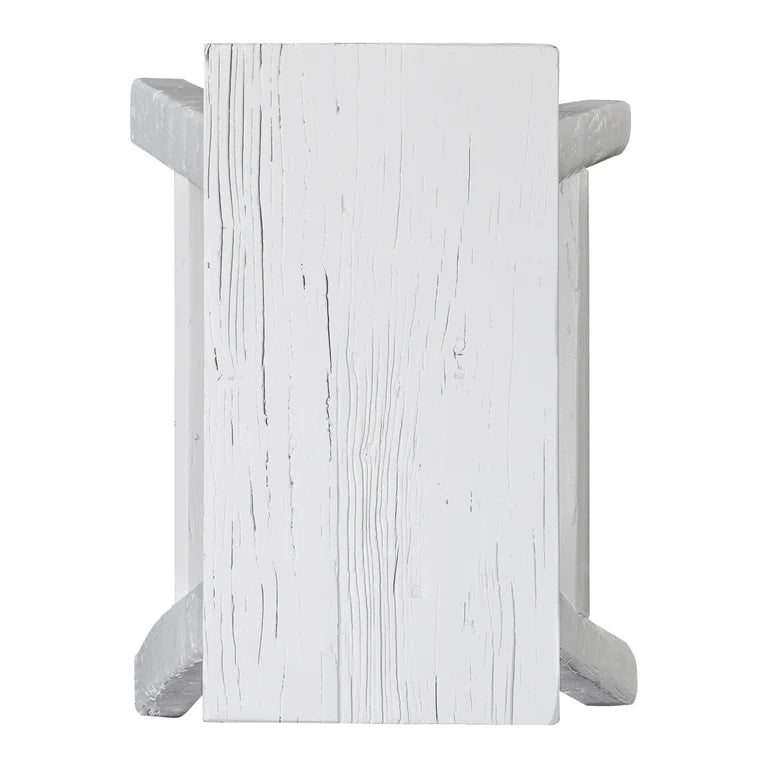 Handmade reclaimed elm wood barstool in a painted white finish, featuring natural variations for a unique coastal or villa style. By Uniwqa Collections, sold by Magnolia Lane Australia wide delivery. Top perspective.