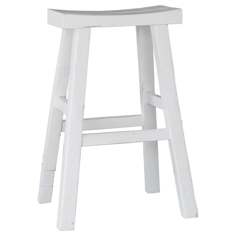 Handmade reclaimed elm wood barstool in a painted white finish, featuring natural variations for a unique coastal or villa style. By Uniwqa Collections, sold by Magnolia Lane Australia wide delivery.