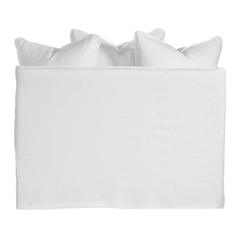 Singita Sofa with hardwood frame, feather-filled cushions and removable slipcovers in luxury linen in white. Back perpective.