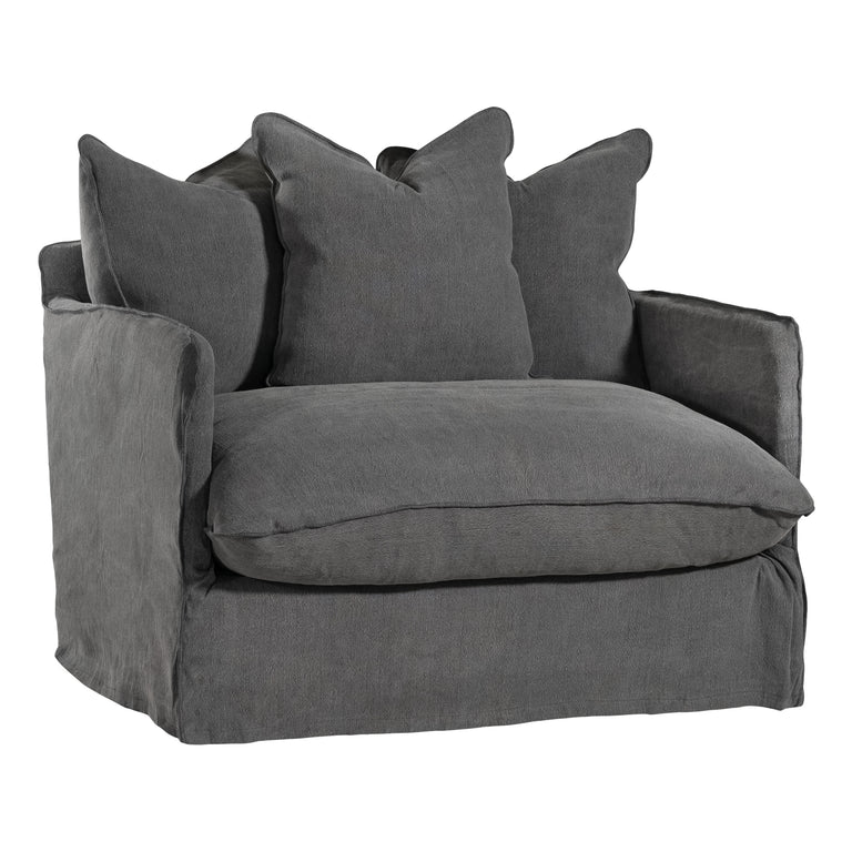 Singita Sofa with hardwood frame, feather-filled cushions and removable slipcovers in luxury linen in charcoal.