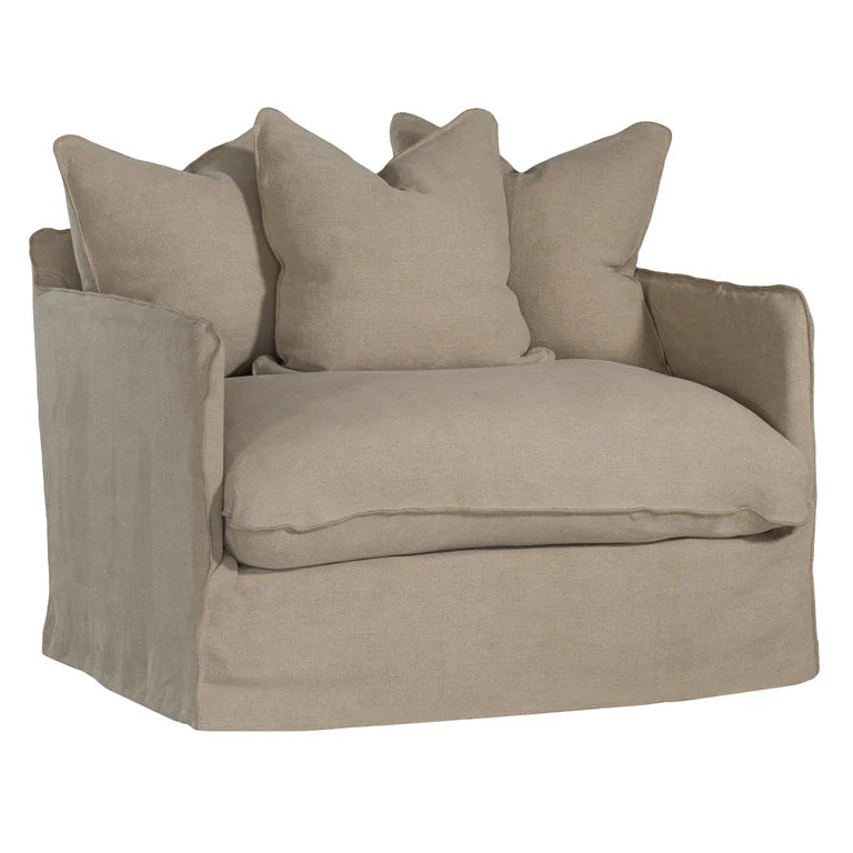 Singita Sofa with hardwood frame, feather-filled cushions and removable slipcovers in luxury linen in oatmeal.