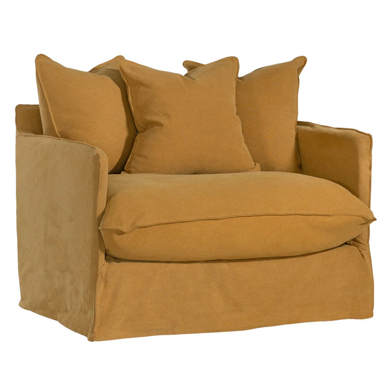 Singita Sofa with hardwood frame, feather-filled cushions and removable slipcovers in luxury linen in ochre.