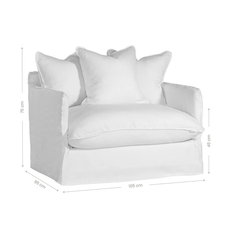 Singita Sofa with hardwood frame, feather-filled cushions and removable slipcovers in luxury linen in white. Showing dimensions.