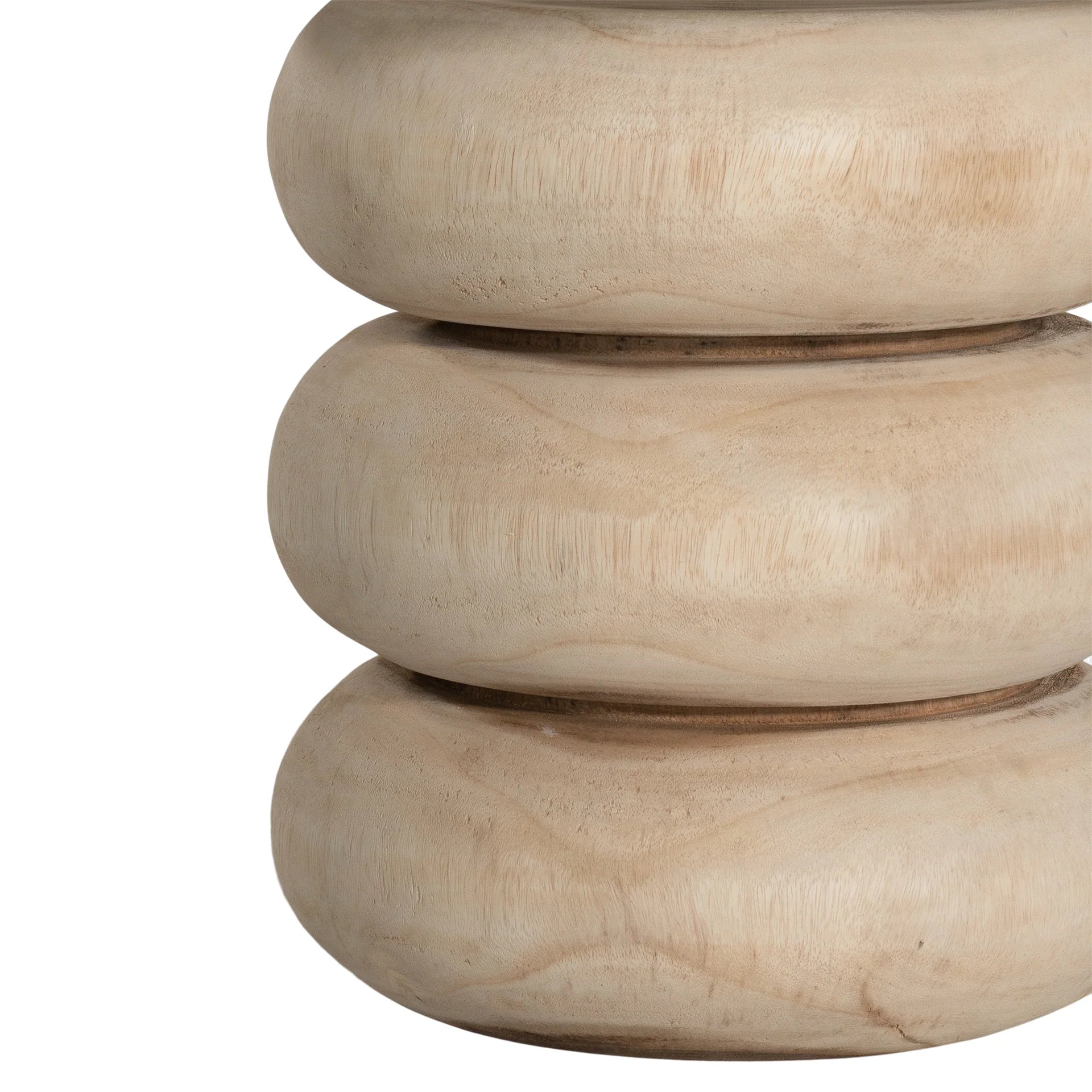 Rundu Table Lamp handcrafted from solid munggur wood with hand-carved textured grooves, showcasing natural wood variations and a soft ambient glow. Close up on natural base.