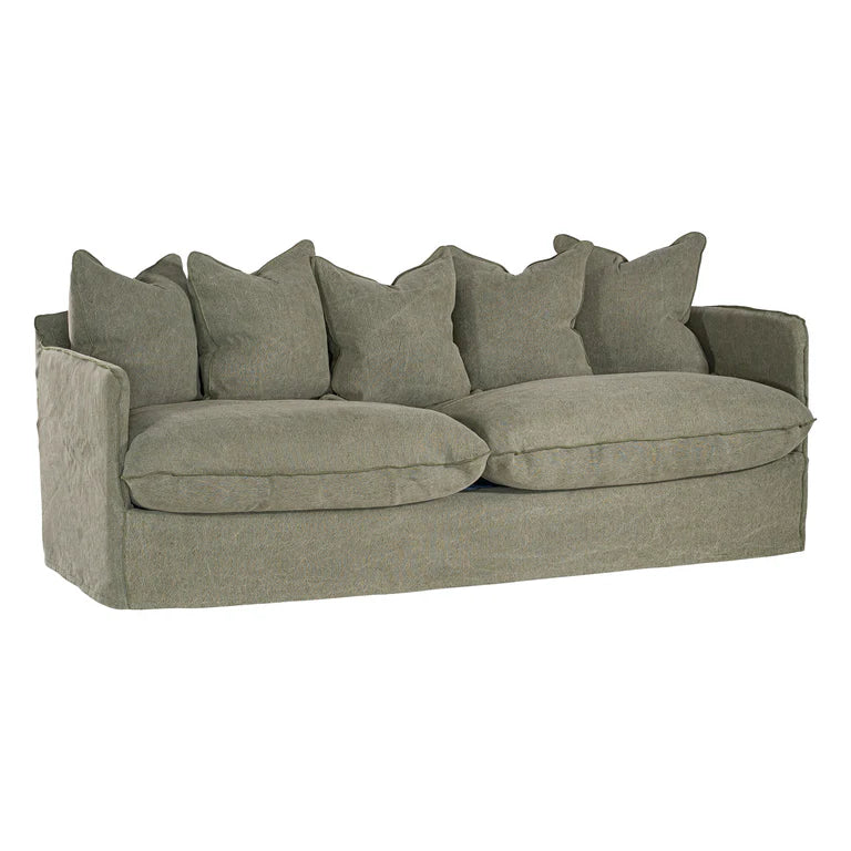 Singita Three Seater Sofa with hardwood frame, feather-filled cushions and removable slipcovers in luxury linen in bay leaf.