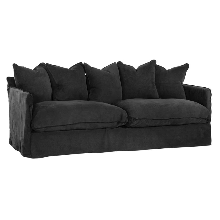 Singita Three Seater Sofa with hardwood frame, feather-filled cushions and removable slipcovers in luxury linen in black.