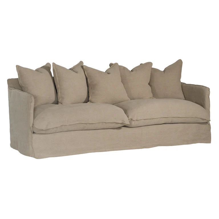 Singita Three Seater Sofa with hardwood frame, feather-filled cushions and removable slipcovers in luxury linen in oatmeal.