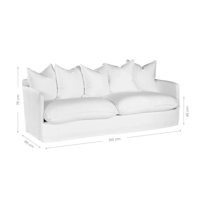 Singita Three Seater Sofa with hardwood frame, feather-filled cushions and removable slipcovers in luxury linen in white. Showing dimensions.