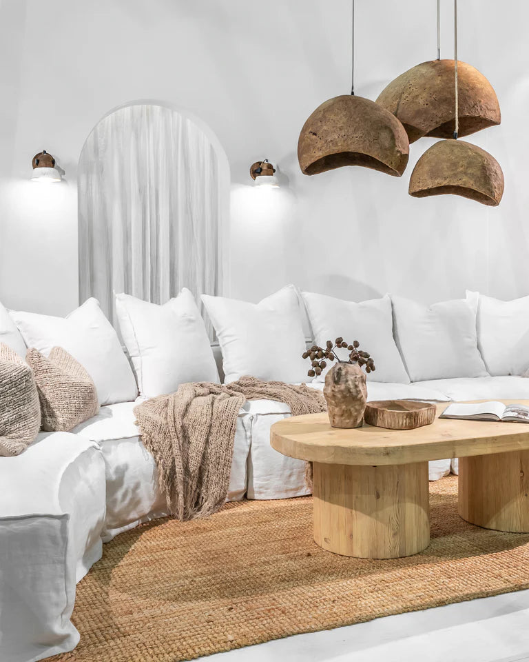 Uniqwa Hendrix Modular Sofa with curve section, with feather cushioning and removable slipcover, timber frame modern coastal sofa with scatter cushions, available in multiple colours.