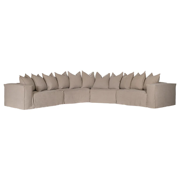 Uniqwa Hendrix Modular Sofa with curve section, with feather cushioning and removable slipcover, timber frame modern coastal sofa with scatter cushions, available in multiple colours. Layout.