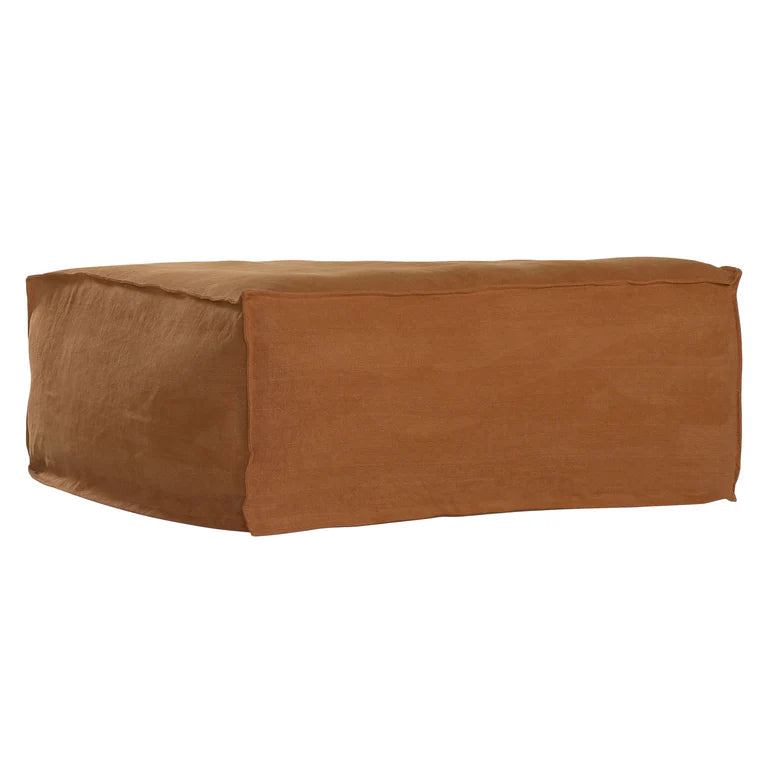 Uniqwa Hendrix ottoman in clay, with feather cushioning and removable slipcover, timber frame modern coastal sofa with scatter cushions, available in multiple colours.