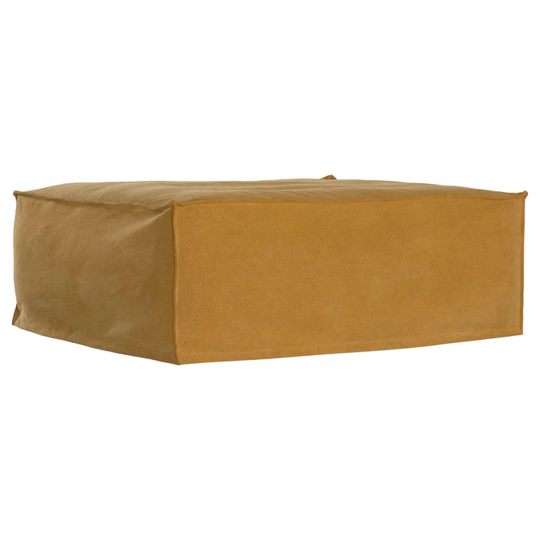 Uniqwa Hendrix ottoman in ochre, with feather cushioning and removable slipcover, timber frame modern coastal sofa with scatter cushions, available in multiple colours.