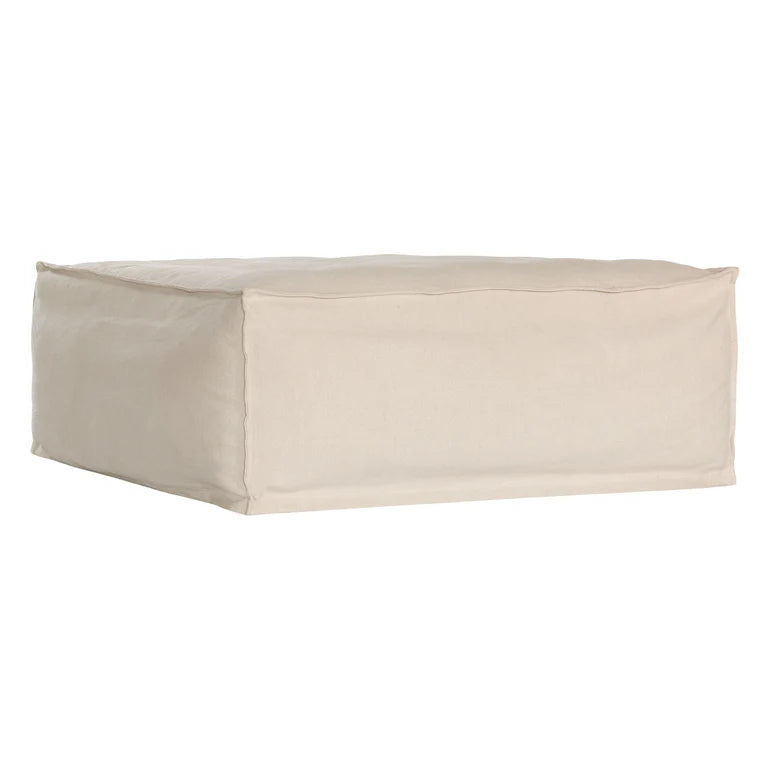 Uniqwa Hendrix ottoman in sand, with feather cushioning and removable slipcover, timber frame modern coastal sofa with scatter cushions, available in multiple colours.