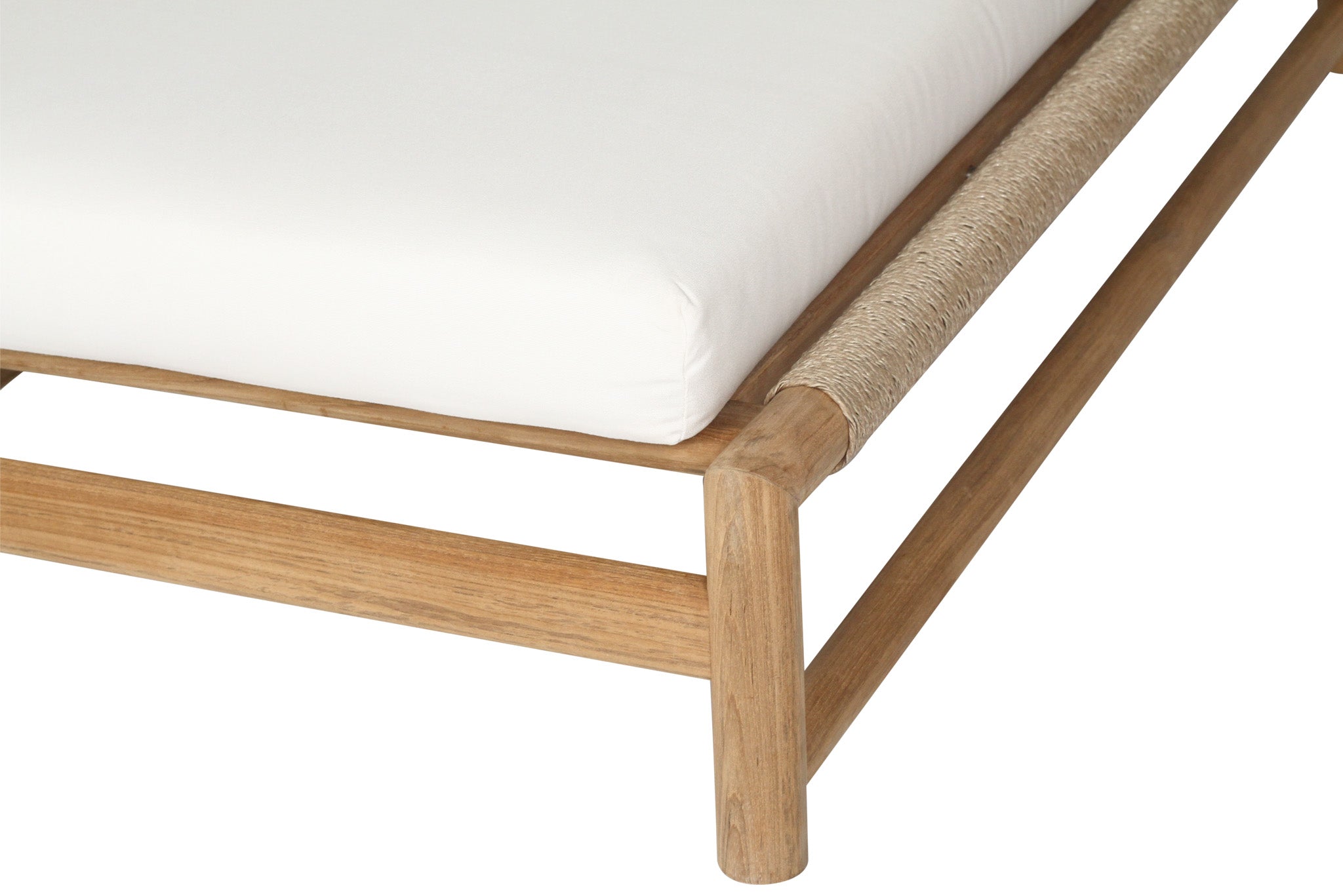 Vaucluse Outdoor Sunlounger in Grade A teak with white Sunbrella cushion, adjustable backrest and wheels, durable coastal outdoor furniture for poolside or garden relaxation. Close up 5