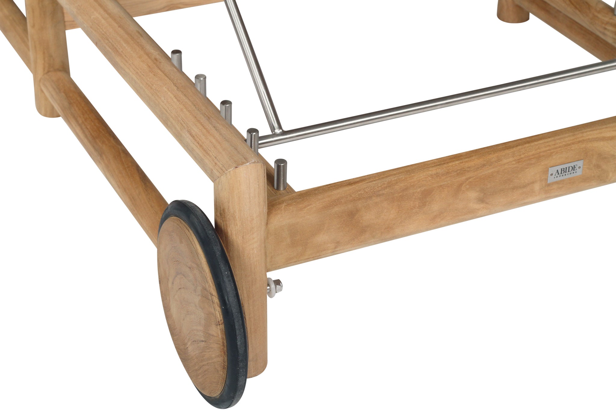 Vaucluse Outdoor Sunlounger in Grade A teak with white Sunbrella cushion, adjustable backrest and wheels, durable coastal outdoor furniture for poolside or garden relaxation. Close up 7