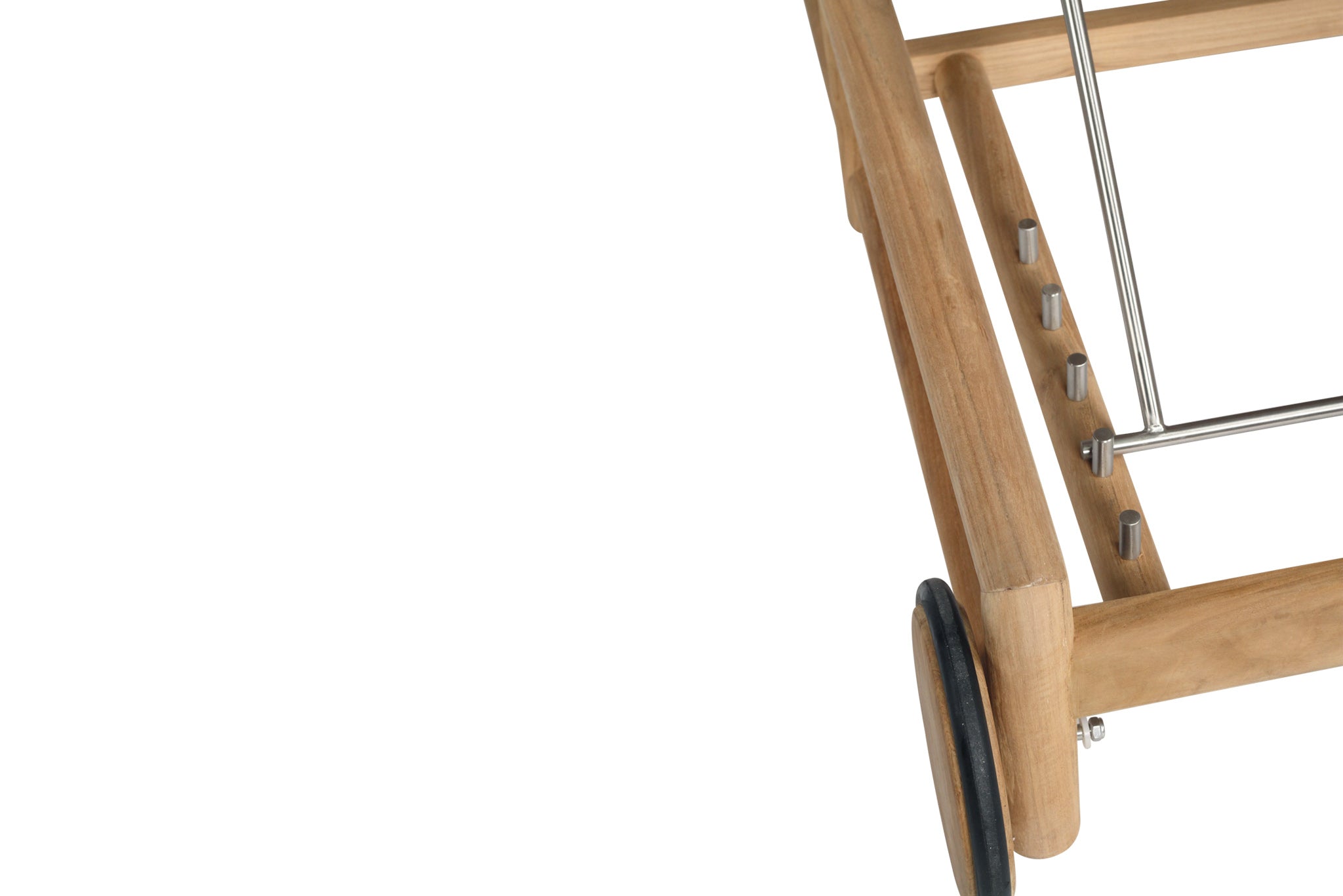 Vaucluse Outdoor Sunlounger in Grade A teak with white Sunbrella cushion, adjustable backrest and wheels, durable coastal outdoor furniture for poolside or garden relaxation. Close up 9