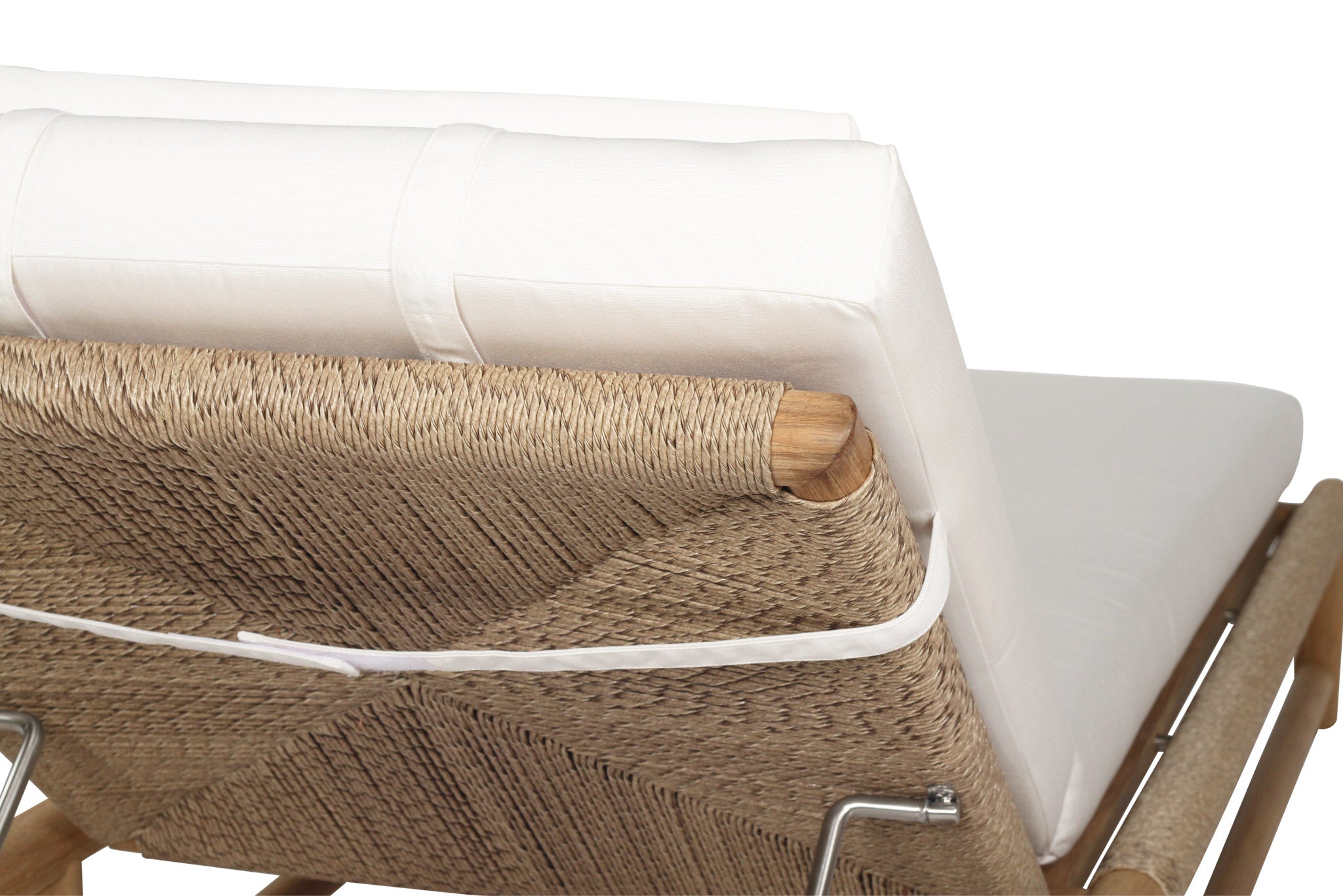 Vaucluse Outdoor Sunlounger in Grade A teak with white Sunbrella cushion, adjustable backrest and wheels, durable coastal outdoor furniture for poolside or garden relaxation. Close up 6