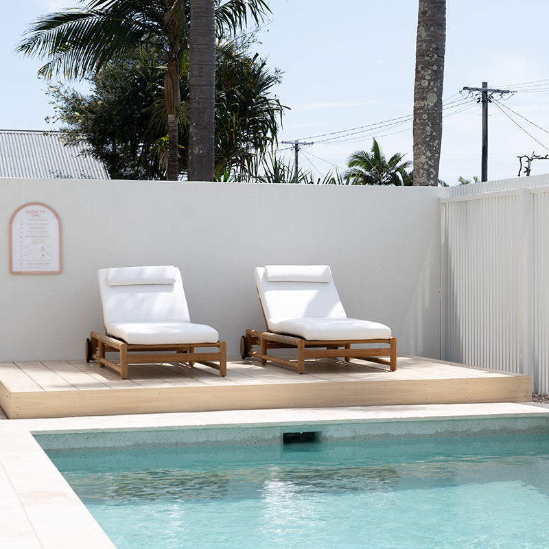 Vaucluse Outdoor Sunlounger in Grade A teak with white Sunbrella cushion, adjustable backrest and wheels, durable coastal outdoor furniture for poolside or garden relaxation. Magnolia Lane resort style living at home.