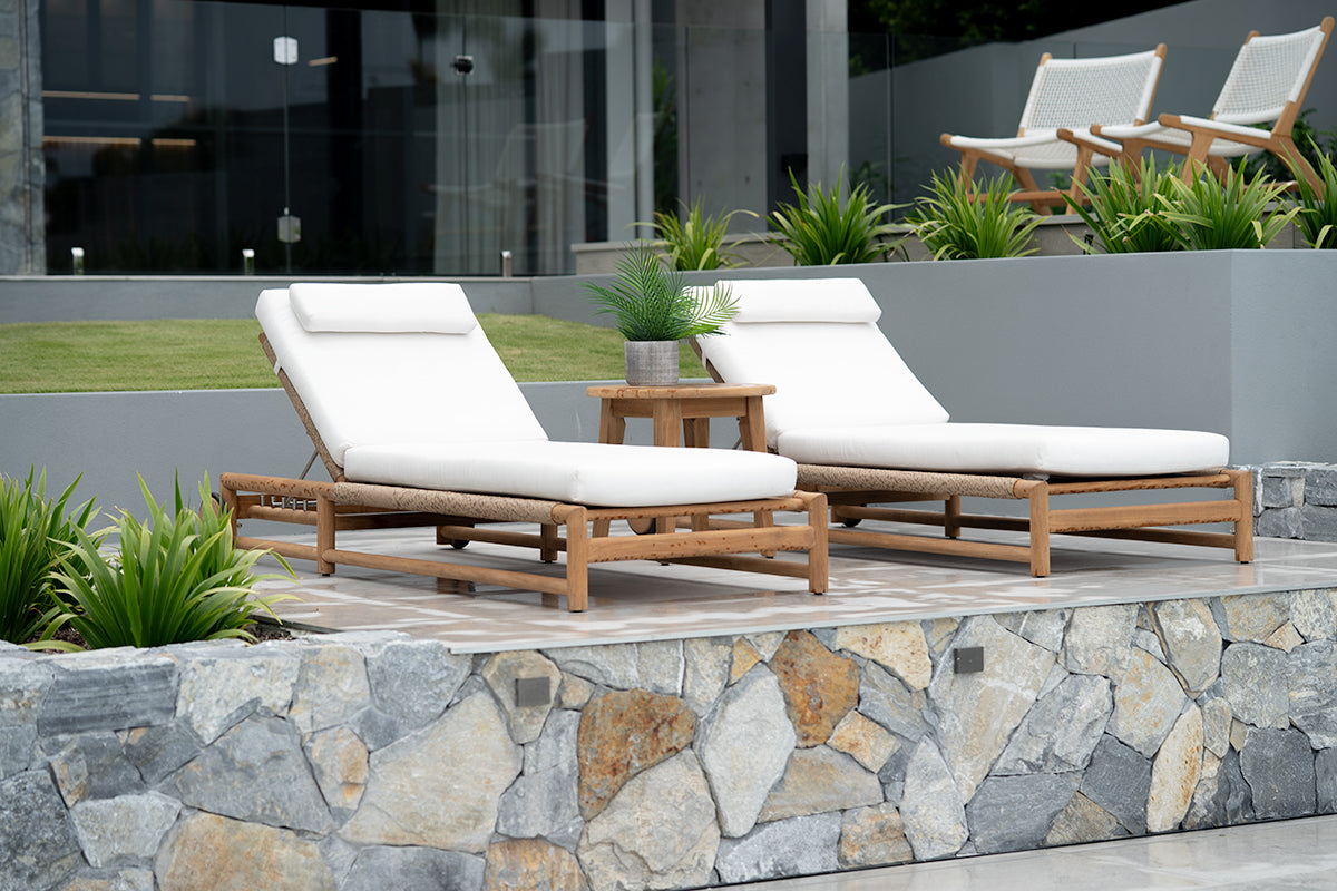 Vaucluse Outdoor Sunlounger in Grade A teak with white Sunbrella cushion, adjustable backrest and wheels, durable coastal outdoor furniture for poolside or garden relaxation. Magnolia Lane resort style living.