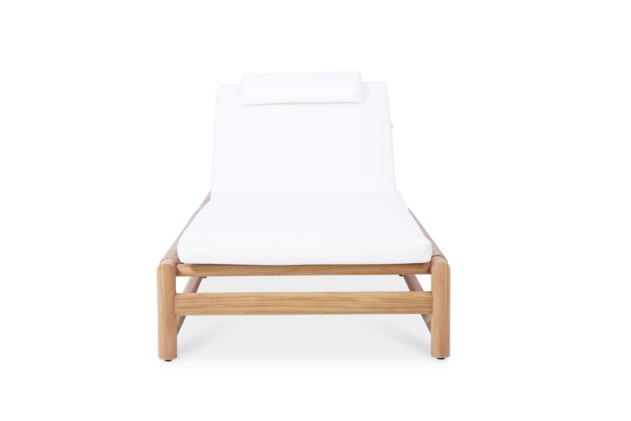 Vaucluse Outdoor Sunlounger in Grade A teak with white Sunbrella cushion, adjustable backrest and wheels, durable coastal outdoor furniture for poolside or garden relaxation. Front perspective. Magnolia Lane