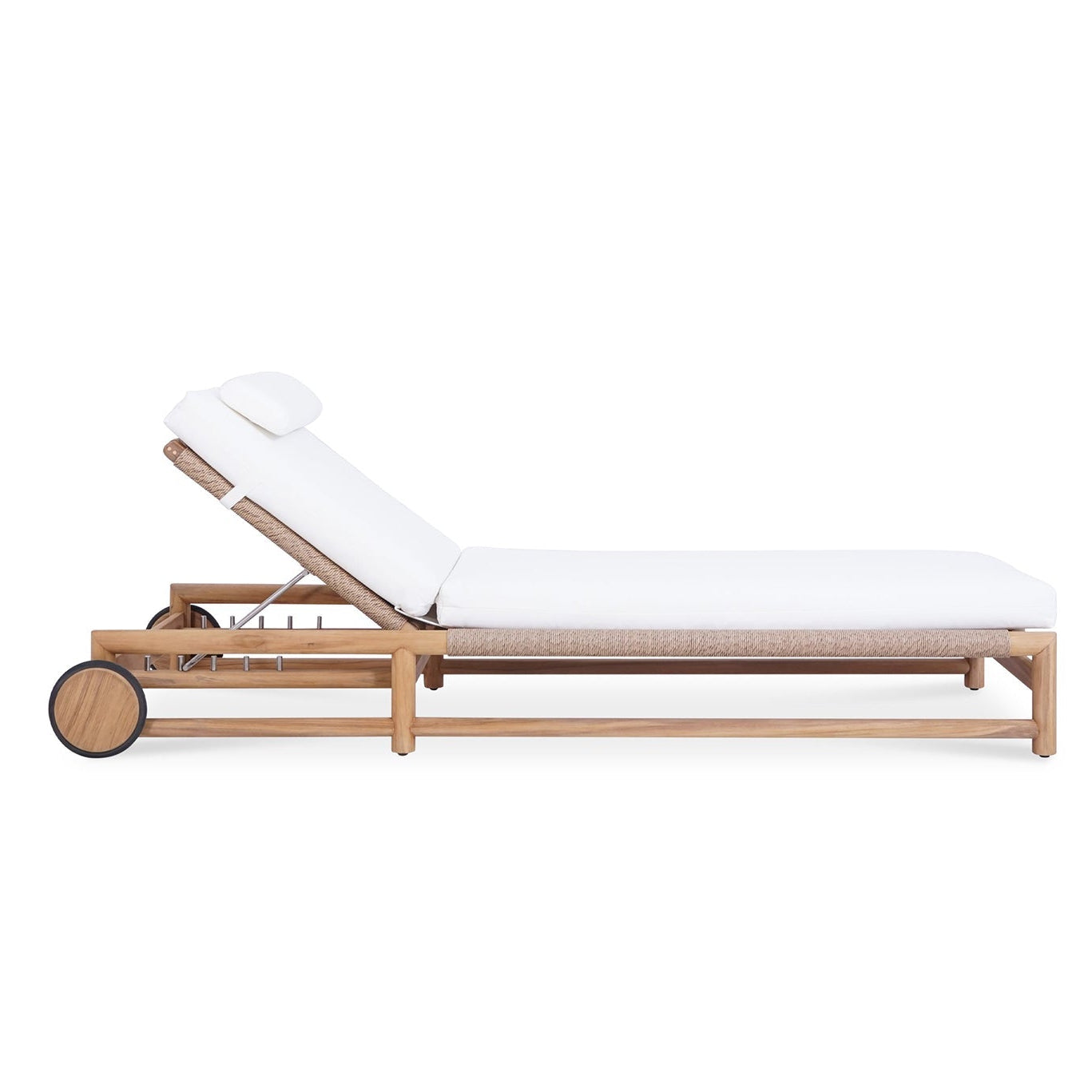 Vaucluse Outdoor Sunlounger in Grade A teak with white Sunbrella cushion, adjustable backrest and wheels, durable coastal outdoor furniture for poolside or garden relaxation. Side perspective. Magnolia Lane