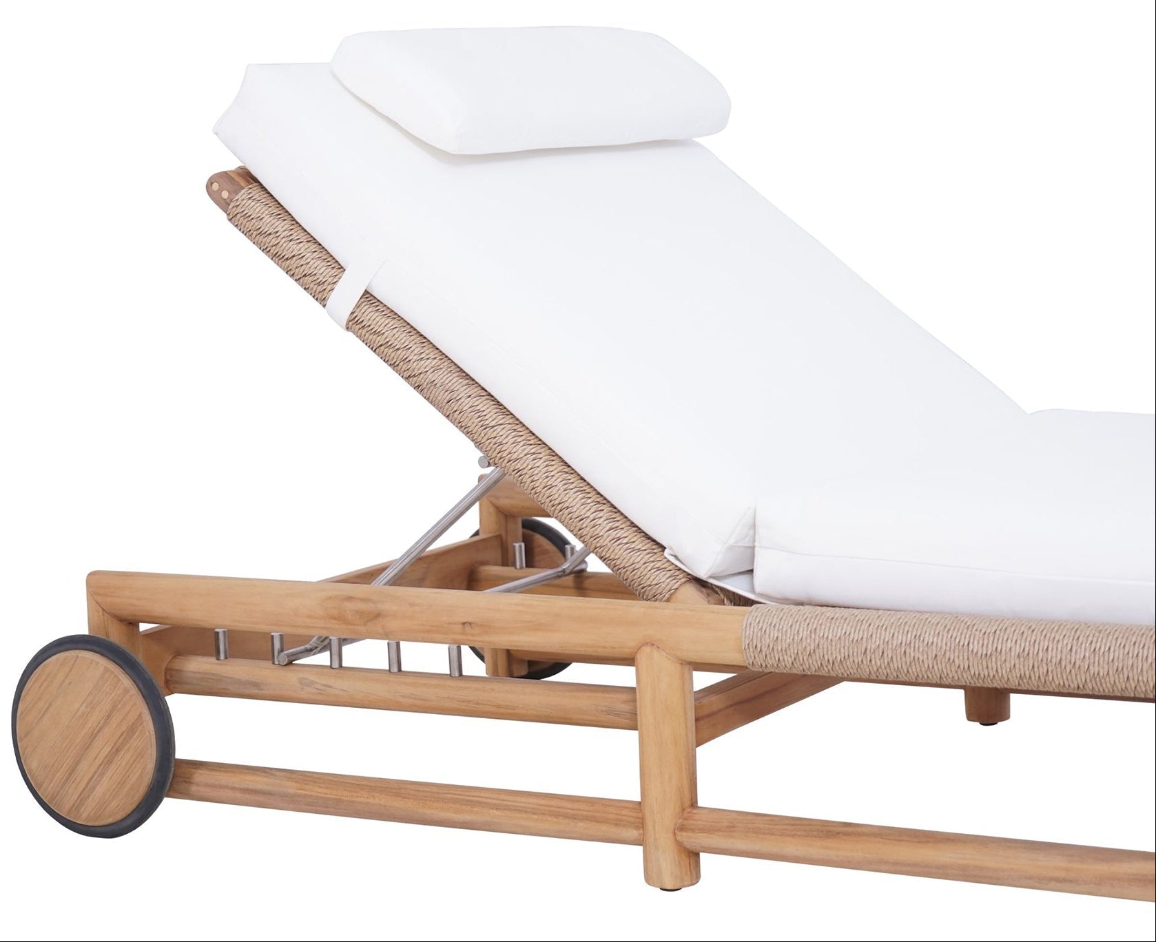 Vaucluse Outdoor Sunlounger in Grade A teak with white Sunbrella cushion, adjustable backrest and wheels, durable coastal outdoor furniture for poolside or garden relaxation. Adjustable backrest. perspective. Magnolia Lane