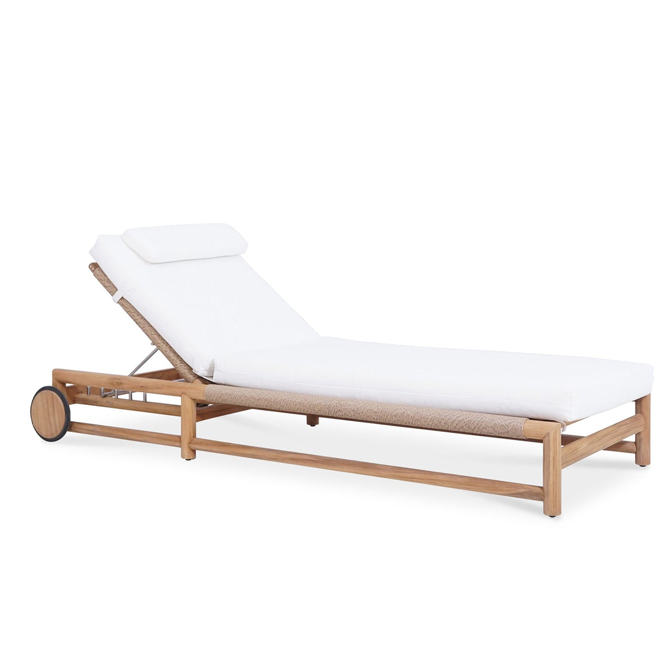 Vaucluse Outdoor Sunlounger in Grade A teak with white Sunbrella cushion, adjustable backrest and wheels, durable coastal outdoor furniture for poolside or garden relaxation. Magnolia Lane