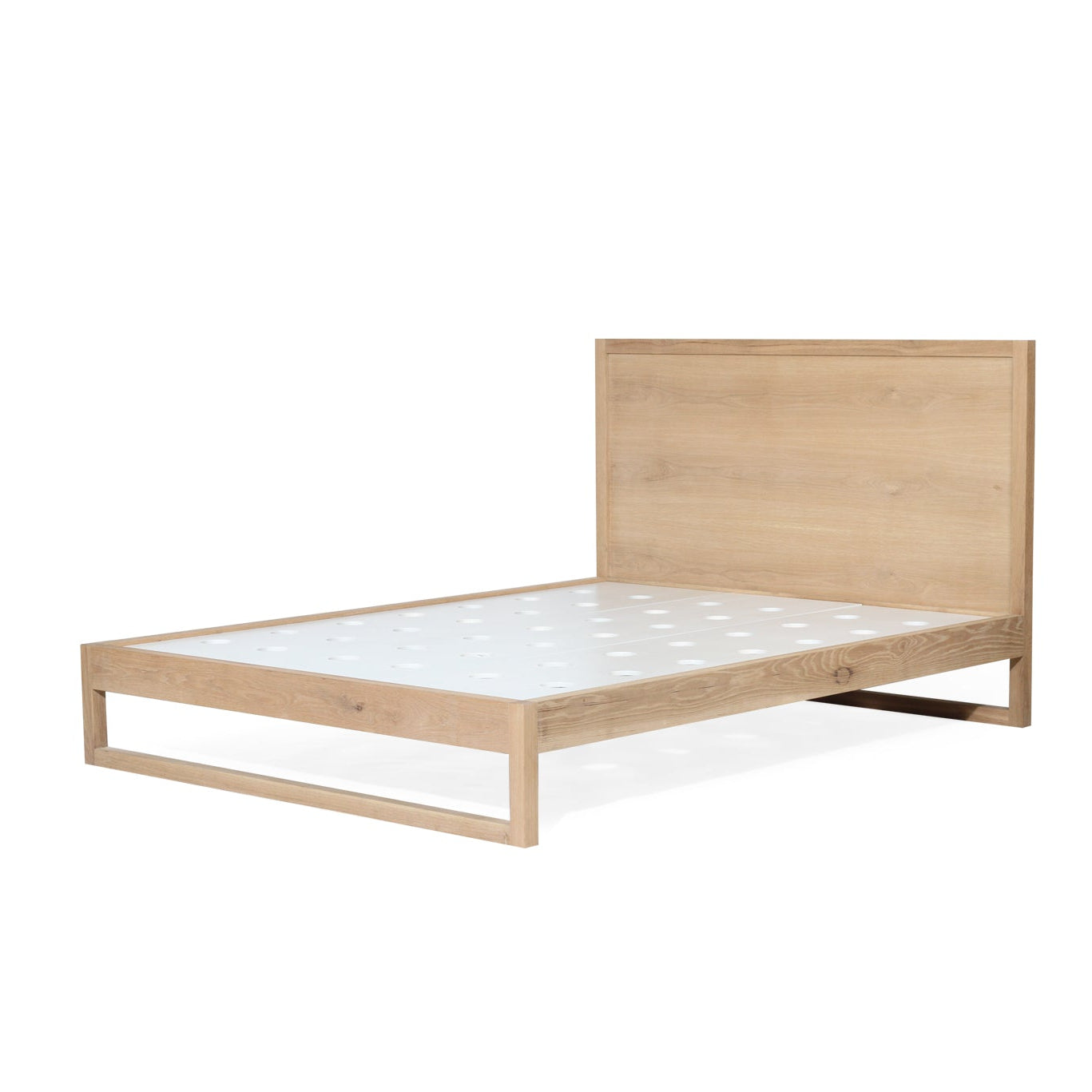 Contemporary oak bed frame with statement timber headboard - front angle