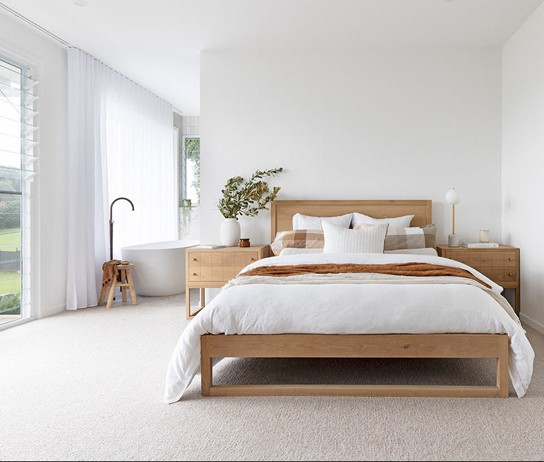 Vaucluse solid American Oak timber bed styled in a contemporary Australian bedroom 1