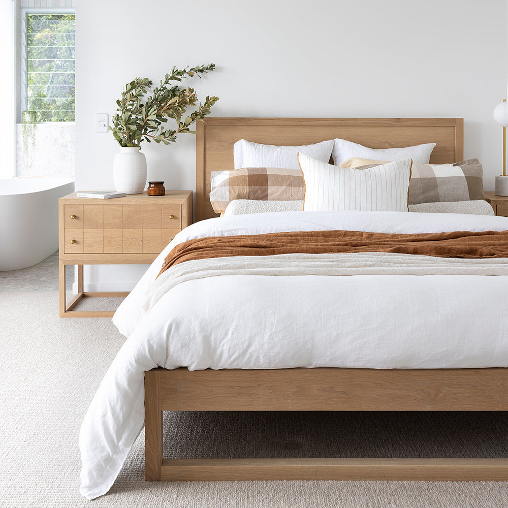 Vaucluse solid American Oak timber bed styled in a contemporary Australian bedroom