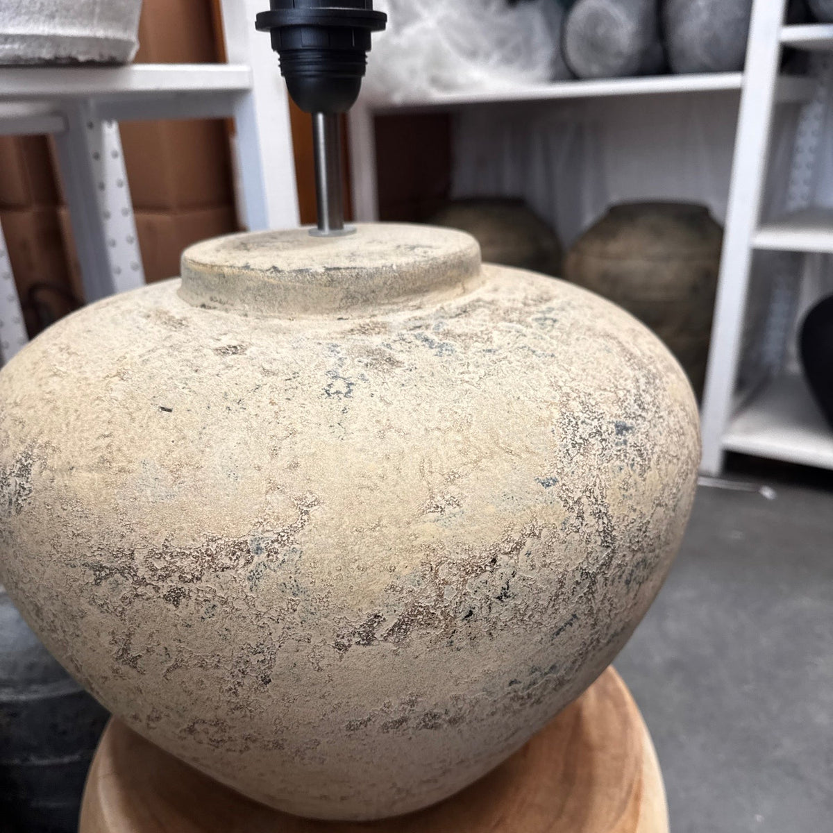 Villa Rustic Table Lamp in Rustic Sand with textured ceramic base and linen shade