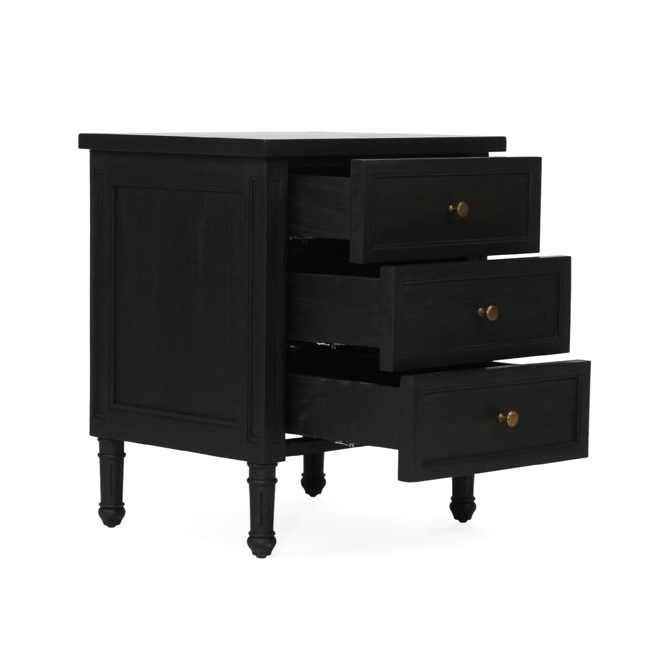 Whitsunday 3 Drawer Bedside Table in black with fluted legs and natural cane shelf, solid hardwood coastal bedroom furniture. Front angle perspective with drawers out.