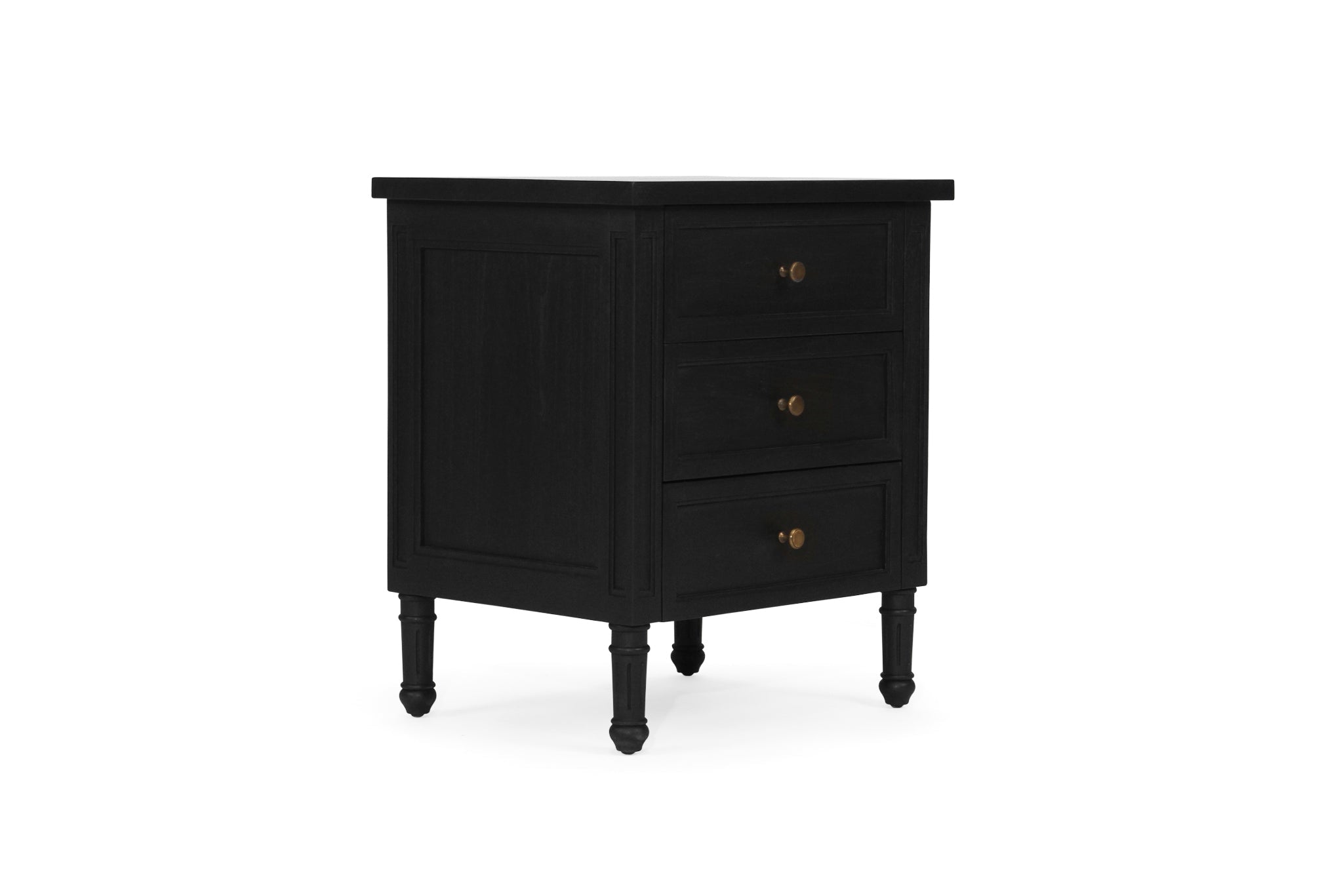 Whitsunday 3 Drawer Bedside Table in black with fluted legs and natural cane shelf, solid hardwood coastal bedroom furniture. Front angle perspective 1.