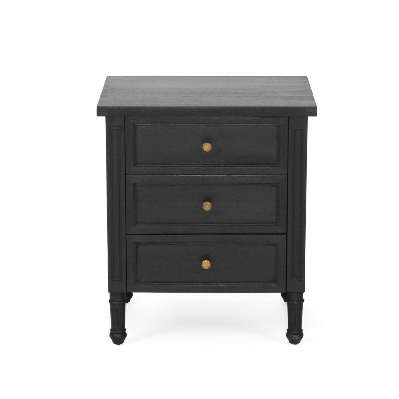 Whitsunday 3 Drawer Bedside Table in black with fluted legs and natural cane shelf, solid hardwood coastal bedroom furniture. Front angle perspective.